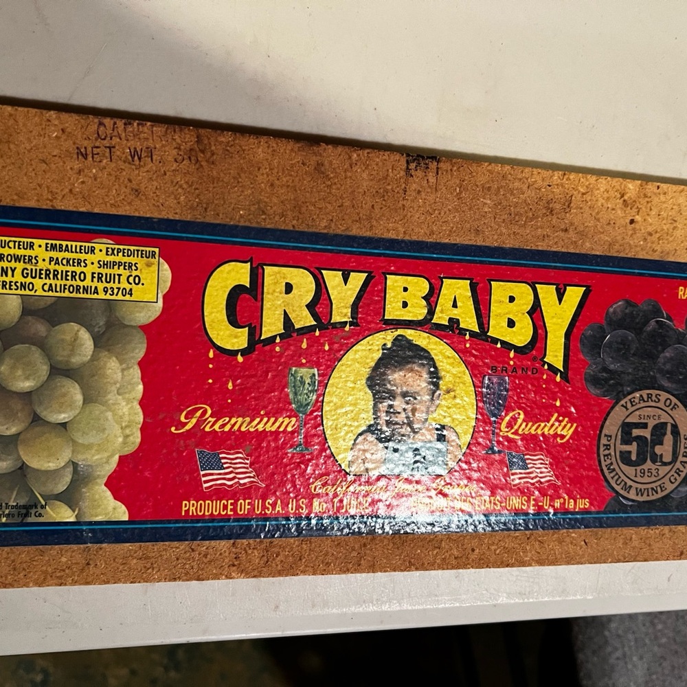 Cry Baby Grapes California wine making wooden crate sign